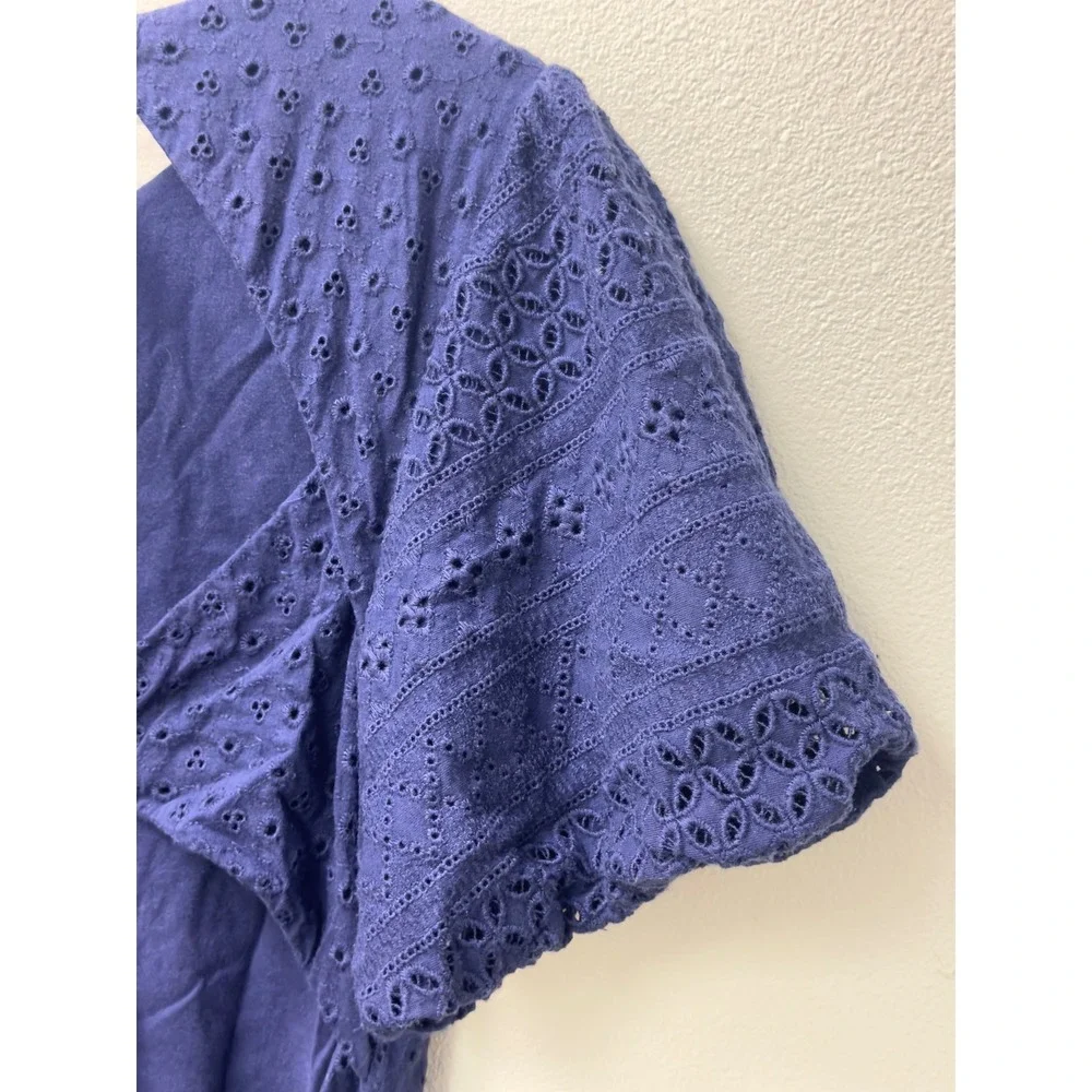 Free People Eyelet Mini Dress Large Navy Blue Open Back Puff‎ Sleeve Cottagecore